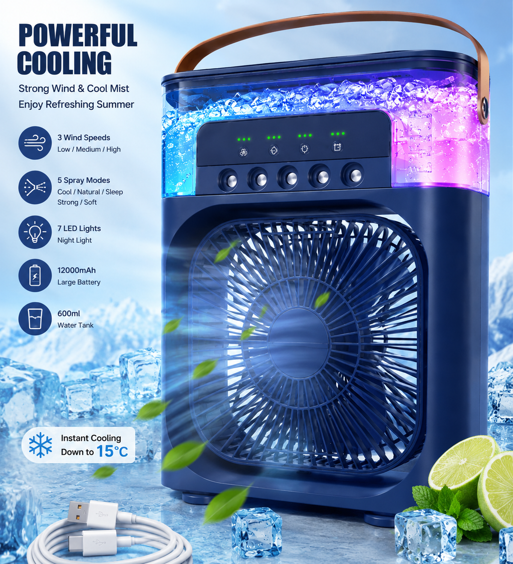 (Best for Sales): 5-in-1 Portable Mini AC & Water Spray Cooler Fan – 12000mAh Rechargeable