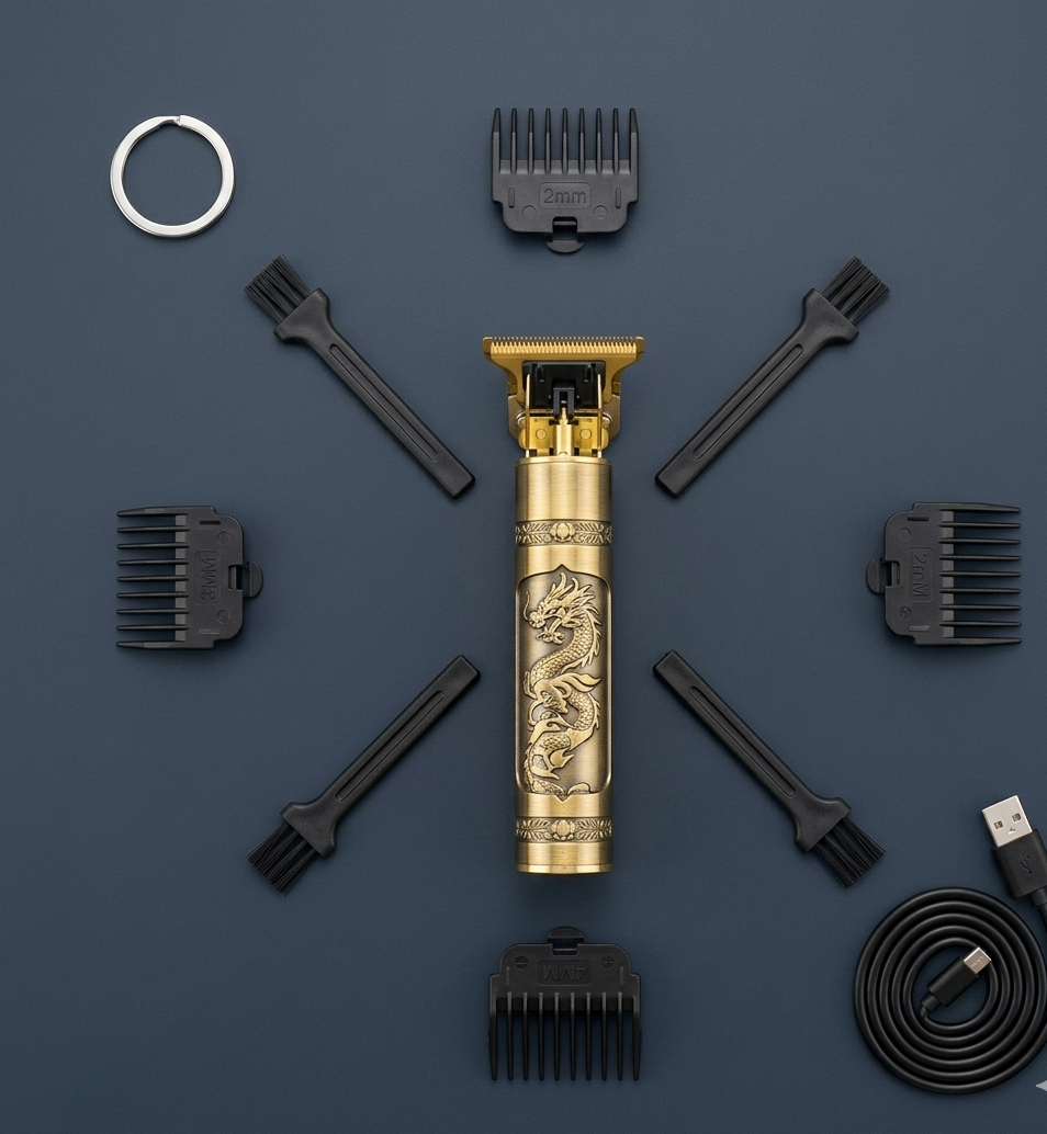 Professional T9 Vintage Wireless Hair Trimmer - Golden Metallic Beard Clipper & Grooming Kit