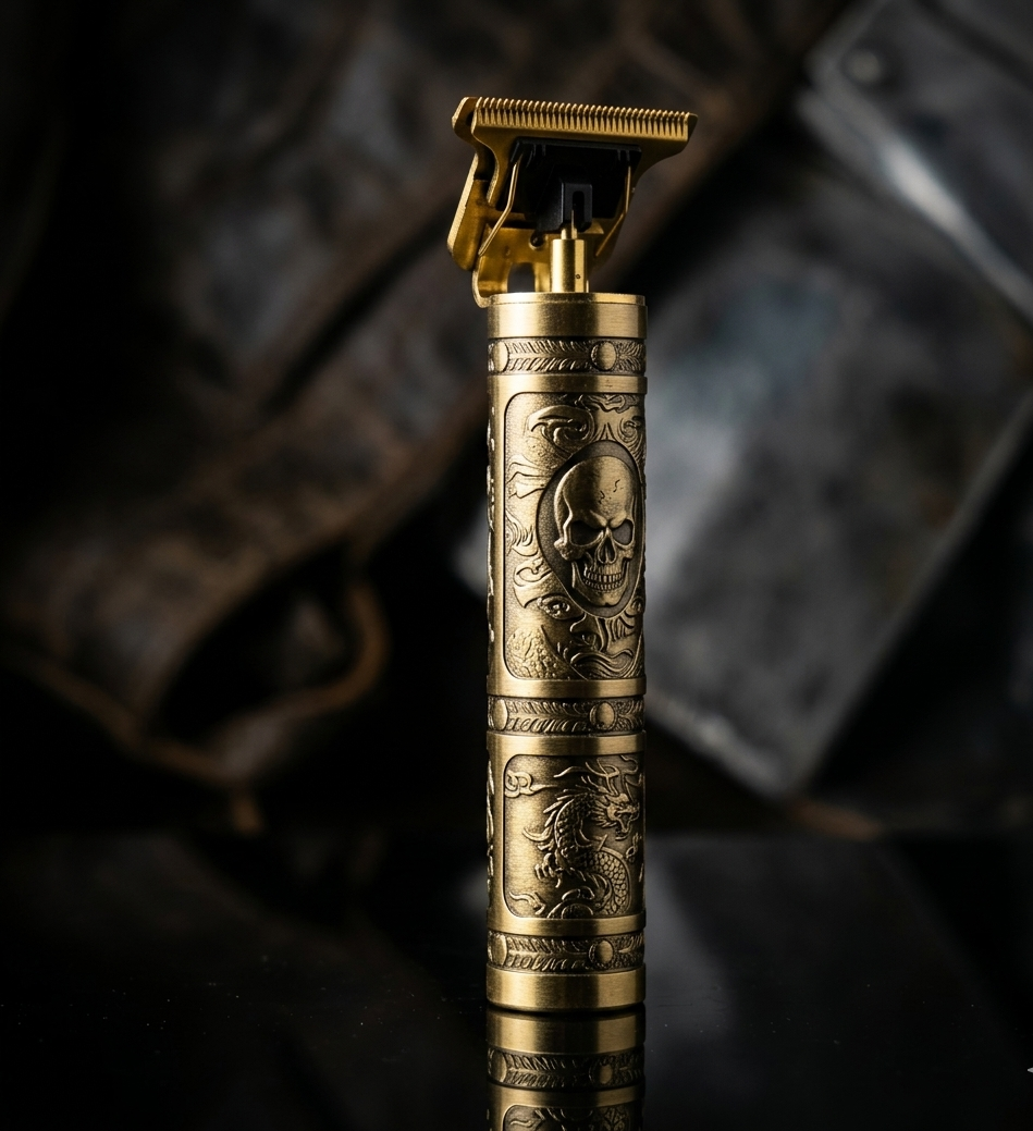 Professional T9 Vintage Wireless Hair Trimmer - Golden Metallic Beard Clipper & Grooming Kit