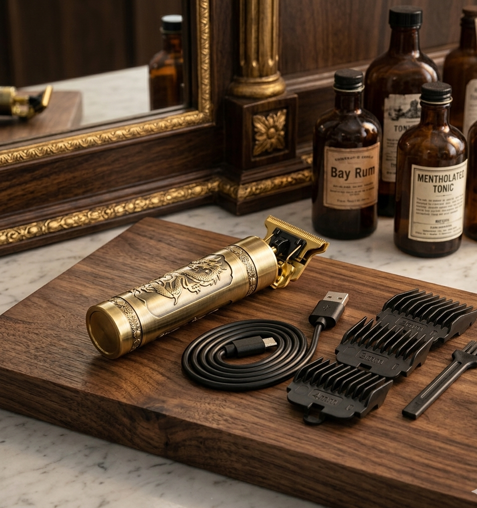 Professional T9 Vintage Wireless Hair Trimmer - Golden Metallic Beard Clipper & Grooming Kit