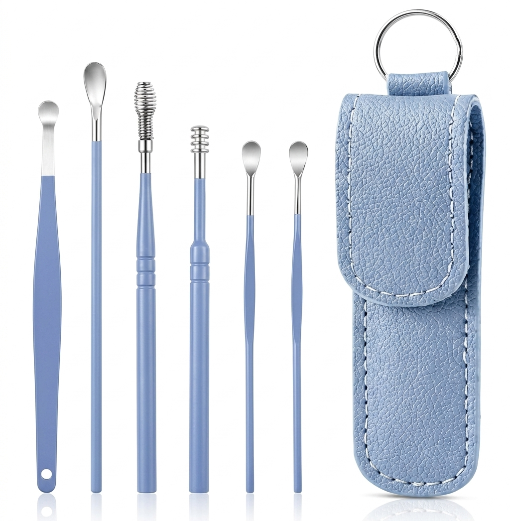 6-Piece Ear Wax Removal Kit with Faux Leather Keychain Case (Available in 6 Colors) - Comprehensive Ear Cleansing Tool Set