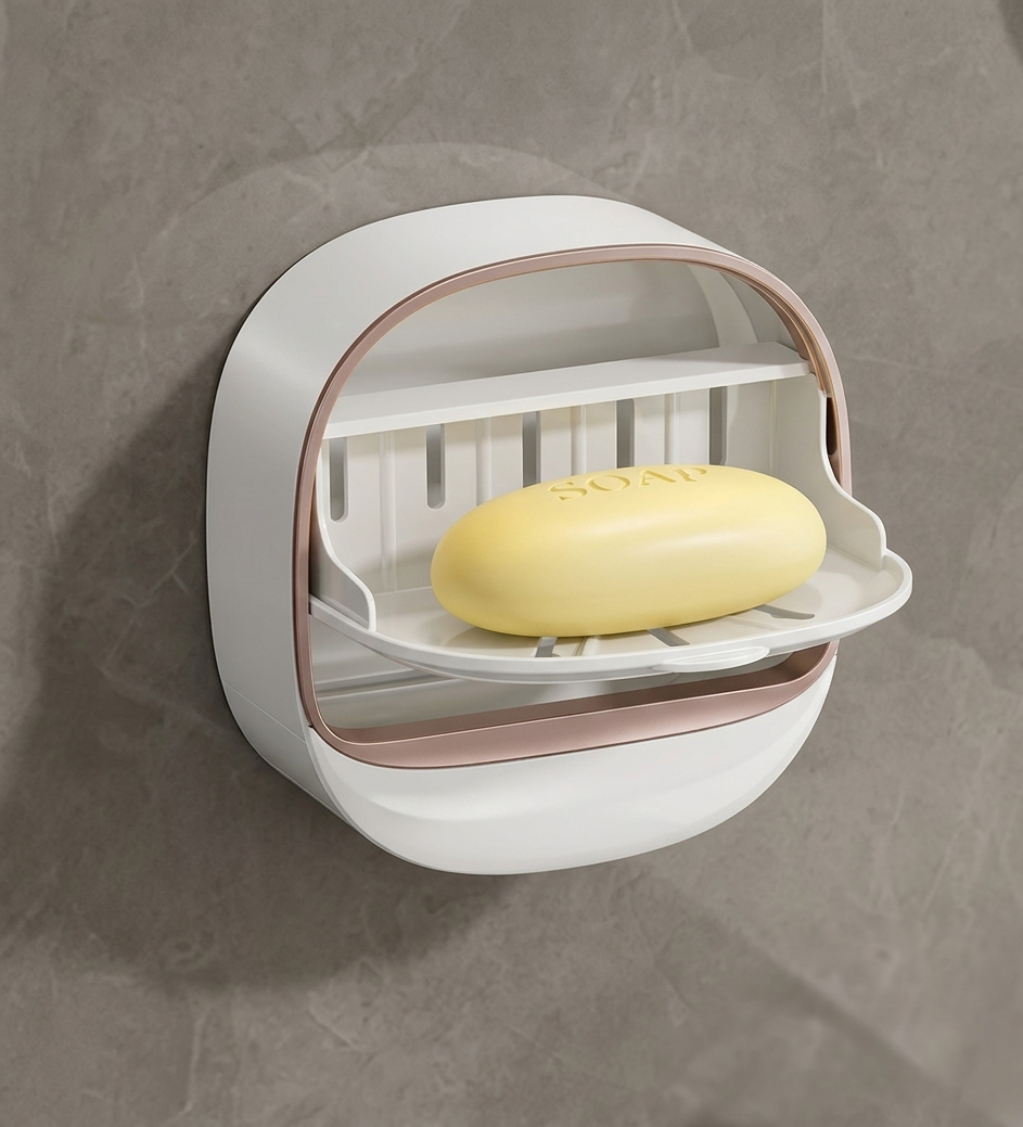 "Elegant Draining Soap Box - Rose Gold & White Wall-Mount Holder with Dropdown Tray"