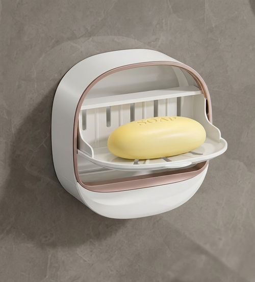 "Elegant Draining Soap Box - Rose Gold & White Wall-Mount Holder with Dropdown Tray"