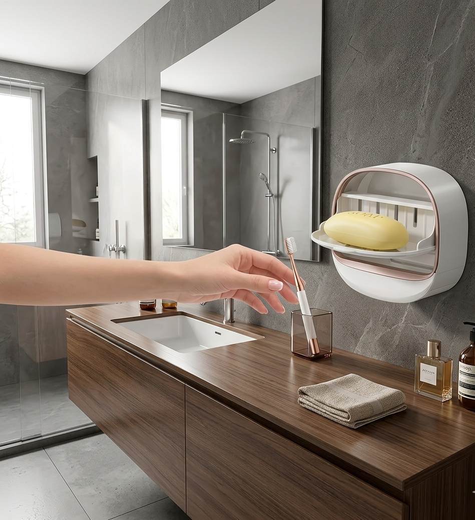 "Elegant Draining Soap Box - Rose Gold & White Wall-Mount Holder with Dropdown Tray"